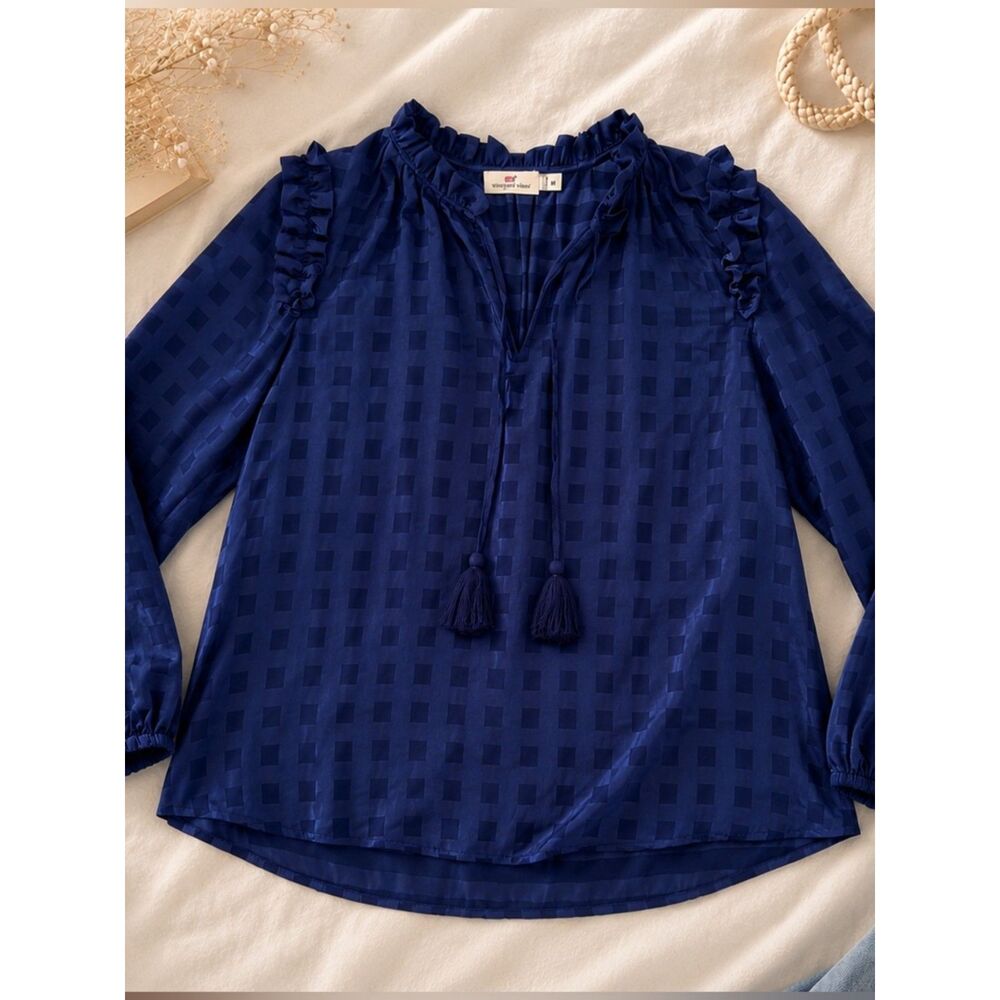 Vineyard Vines Navy Blue Boho Tassel Blouse | Women's Medium